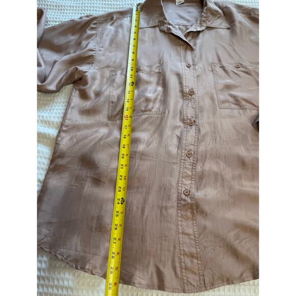 VTG Marnie West 100% Silk Button Up Tan/ Brown Minimalist Blouse Large - Picture 7 of 12